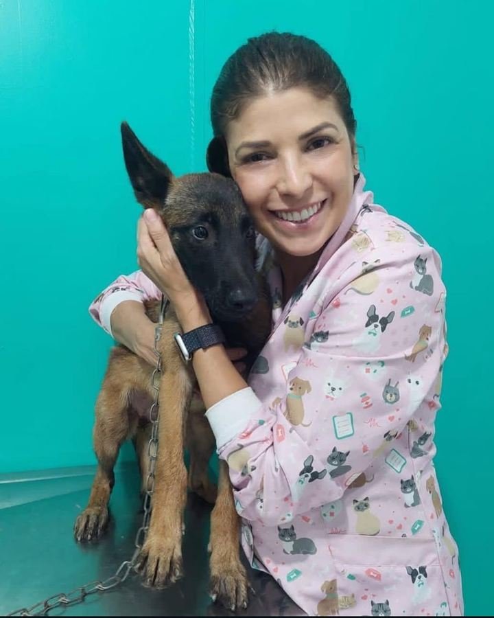 Dra. Sara Burrini com um filhote de pastor belga malinois